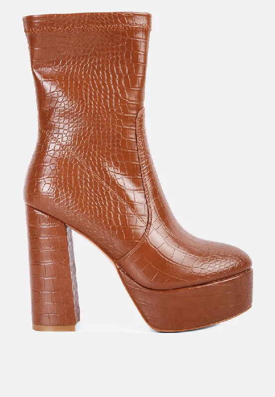 Padded Ankle Boots-feral high heeled croc pattern ankle boot