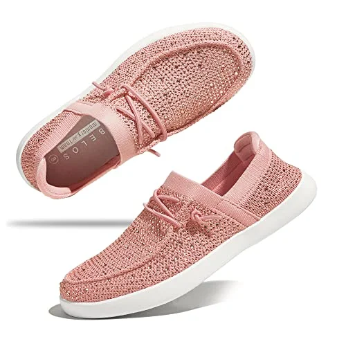 Loafers pointed toe-Loafers with modern patterns-BELOS Women's Rhinestone Lace Up Loafers Shoes Comfortable Slip On Mesh Knit Walking Shoes Fashion Lightweight Sparkly Glitter Sneaker(Pink,6