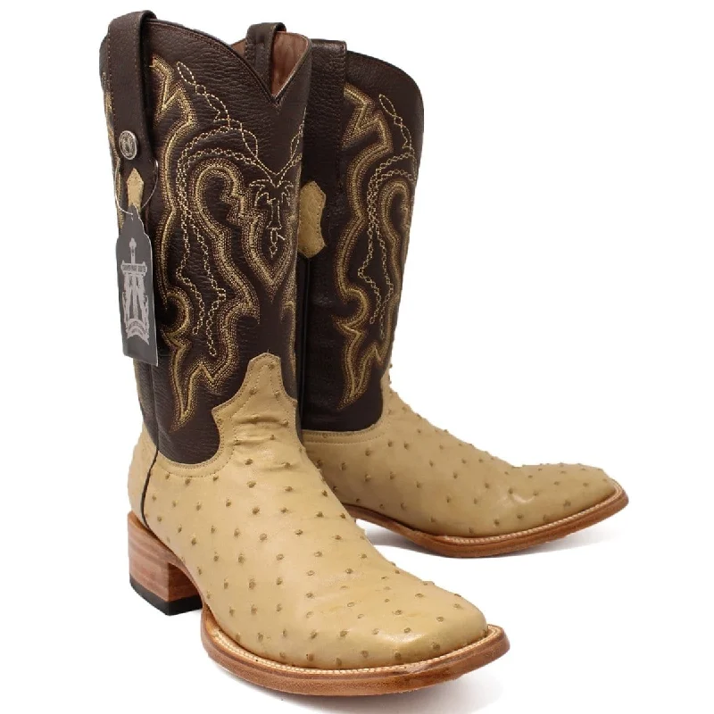 Tanner Mark Men's Genuine Full Quill Ostrich Square Toe Boots Oryx TMX200500