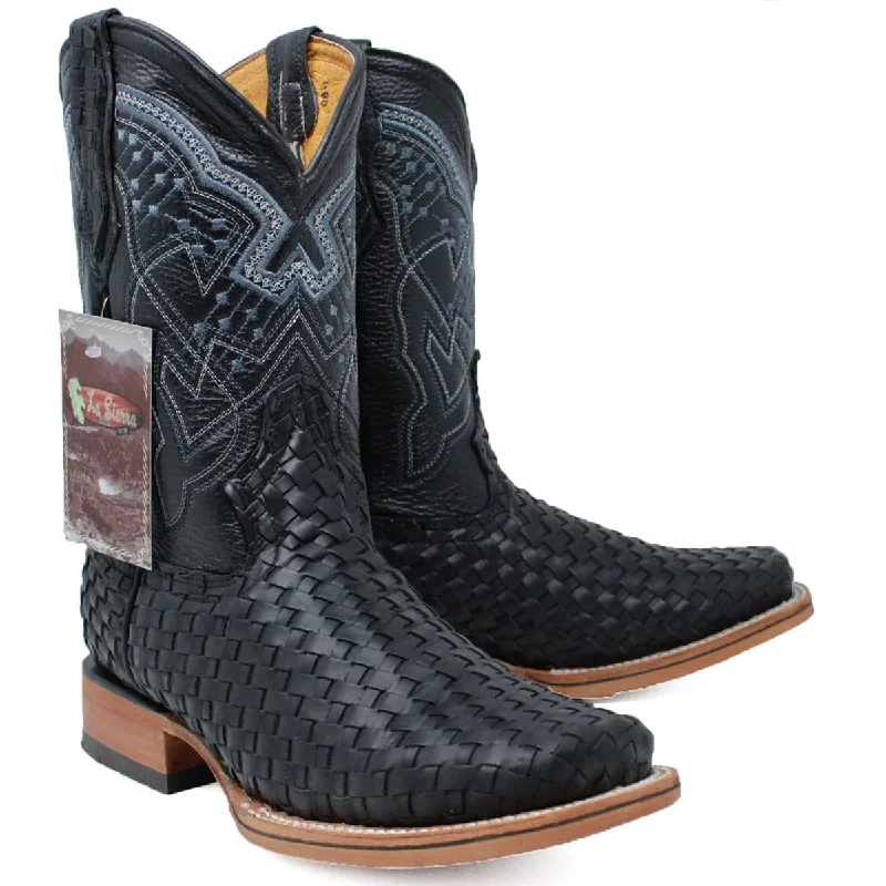 Men's Petatillo Woven Bulldog Square Toe Boots - Black LC-692