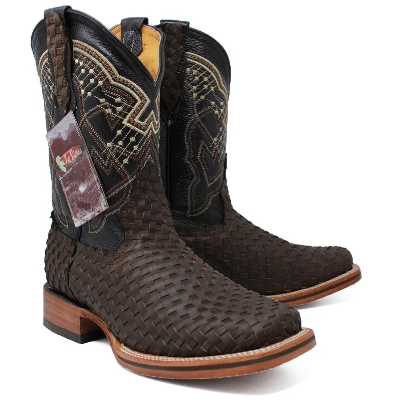 Men's Petatillo Woven Leather Square Toe Boots - Brown LC-692