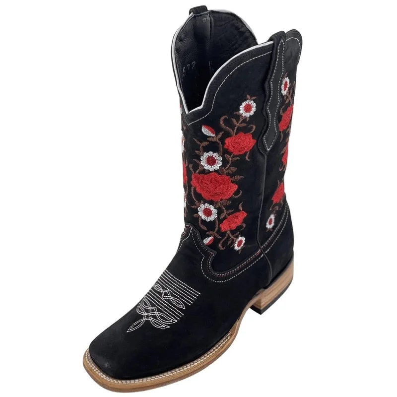 La Carreta Women´s Nobuck Leather Boots Black with Red Roses  LC-103