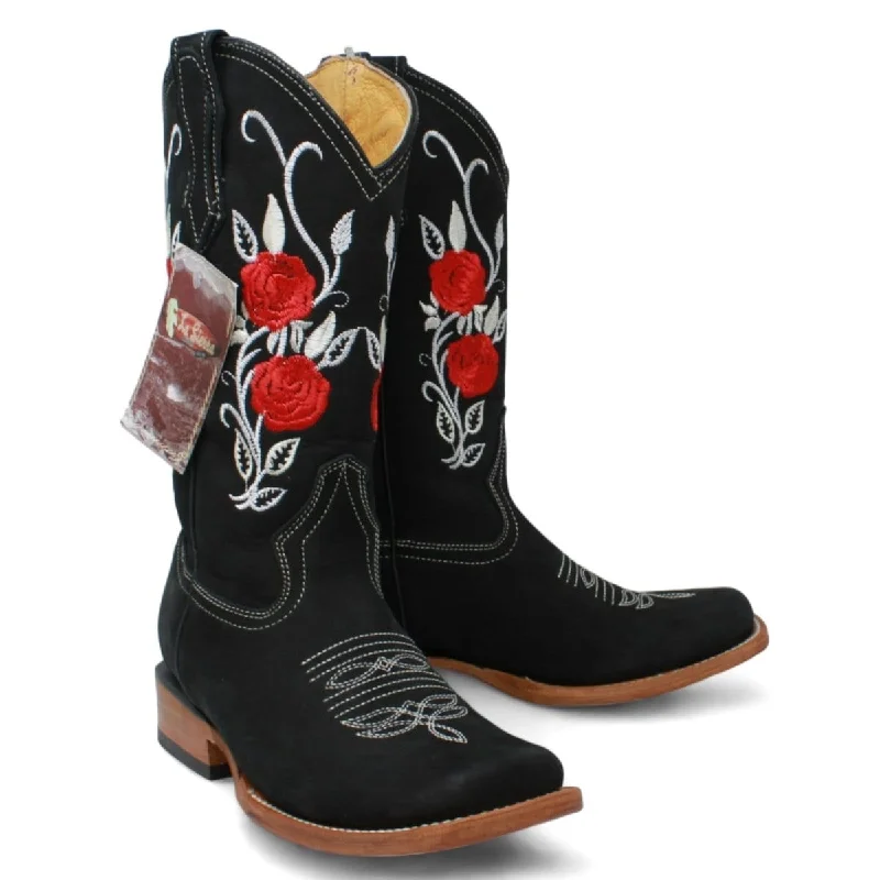 La Carreta Women´s Nobuck Leather Boots Black with Flowers LC-803