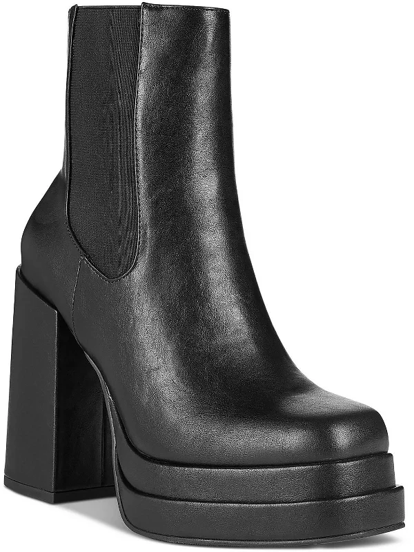 Black Ankle Boots-Ohara Womens Faux Leather Chunky Ankle Boots