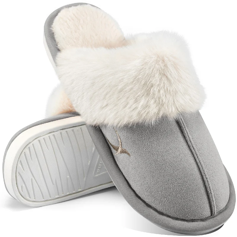 Slippers entrepreneur-Slippers with deep midsoles-HARENC Women's Comfy Faux Fur Slippers Memory Foam Slip-on House Shoes