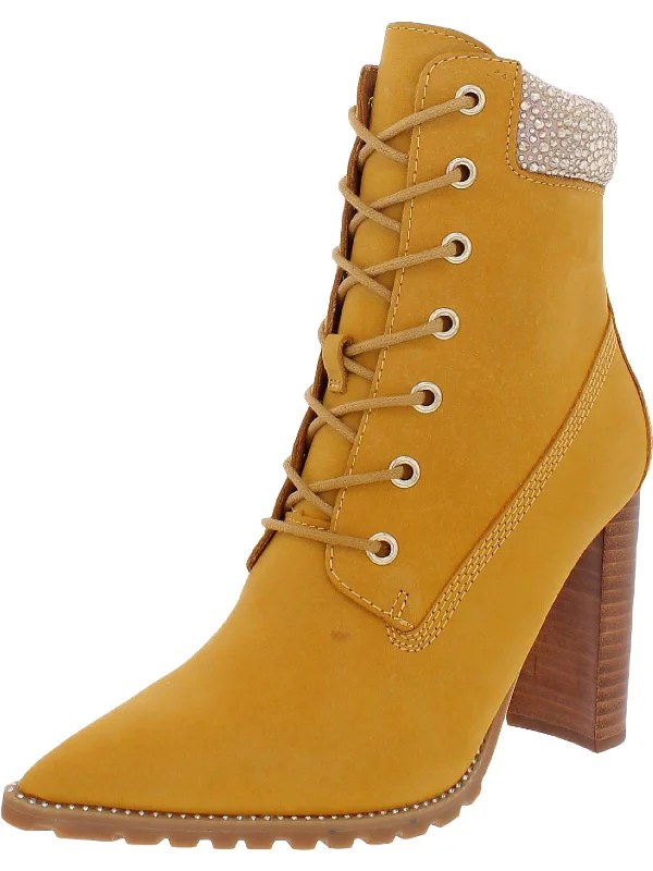 Mid-Calf Ankle Boots-Karmen Womens Leather Embellished Ankle Boots