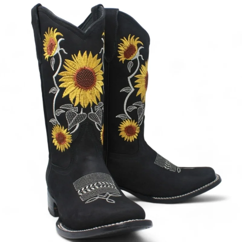 La Carreta Women´s Nobuck Leather Boots Black with Sunflowers  LC-225