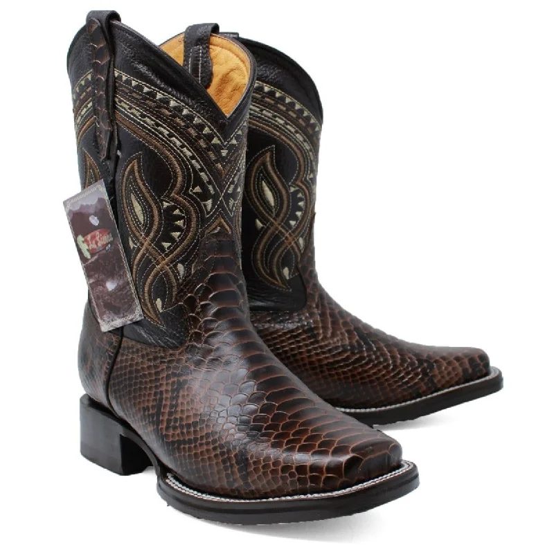 Men's Python Print Leather Square Toe Boots - Brown LC-695