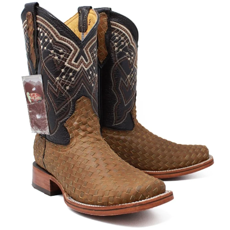 Men's Petatillo Woven Leather Square Toe Boots - Honey LC692HONEY