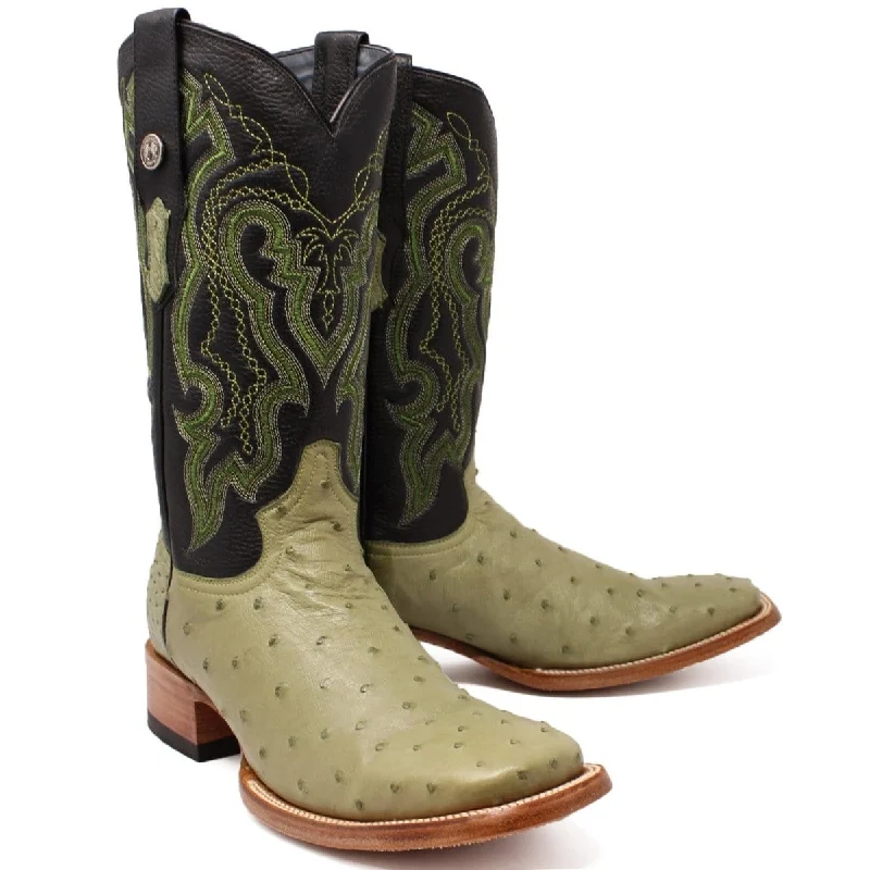 Tanner Mark Men's Genuine Full Quill Ostrich Square Toe Boots Olive Green TMX200501