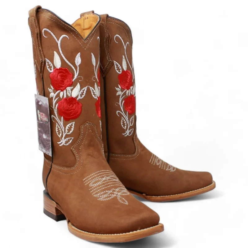 La Carreta Women´s Nobuck Leather Boots Camel with Red Roses LC-803